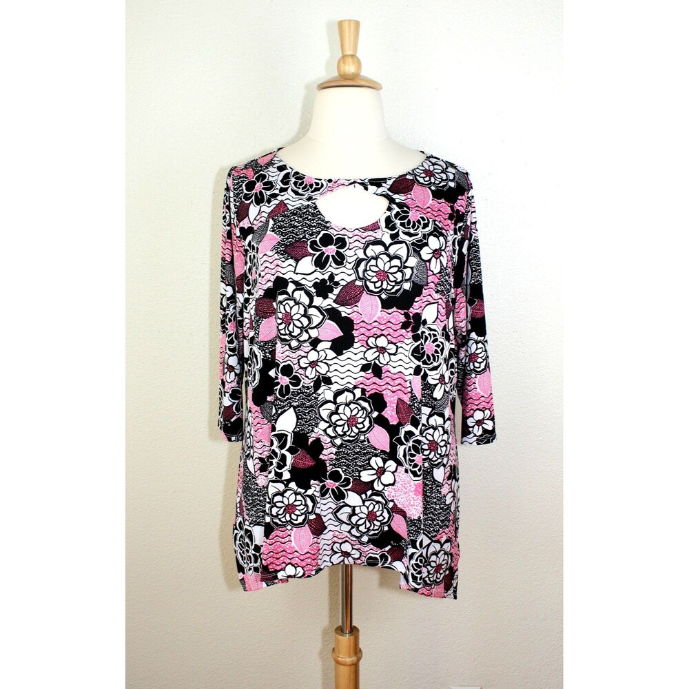 BOHO Festival LARKY LARK Tunic Top Sz. 2X White Black Pink Floral Keyhole #03